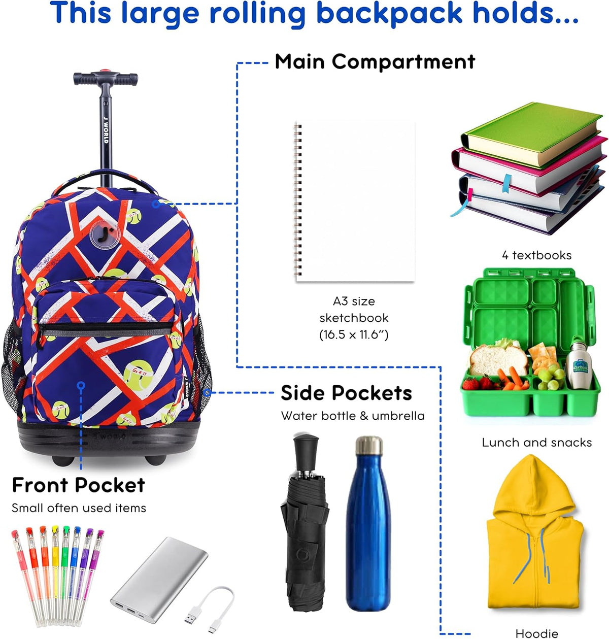 Sunrise Kids Rolling Backpack with Wheels for Girls Boys, Roller Bookbag for School, 18 x 13 x 9 Inches, Confetti - Colors A