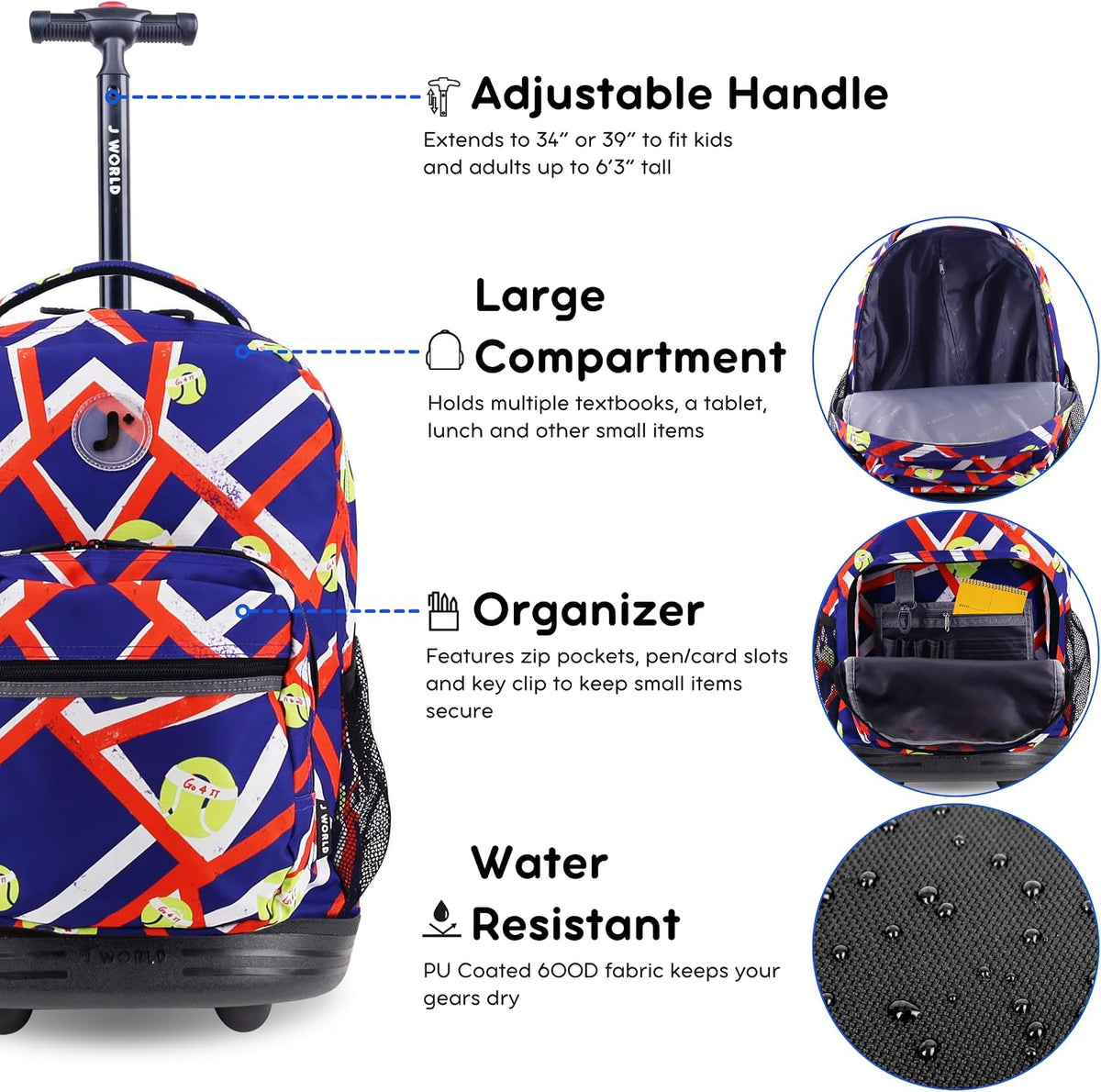 Sunrise Kids Rolling Backpack with Wheels for Girls Boys, Roller Bookbag for School, 18 x 13 x 9 Inches, Confetti - Colors A