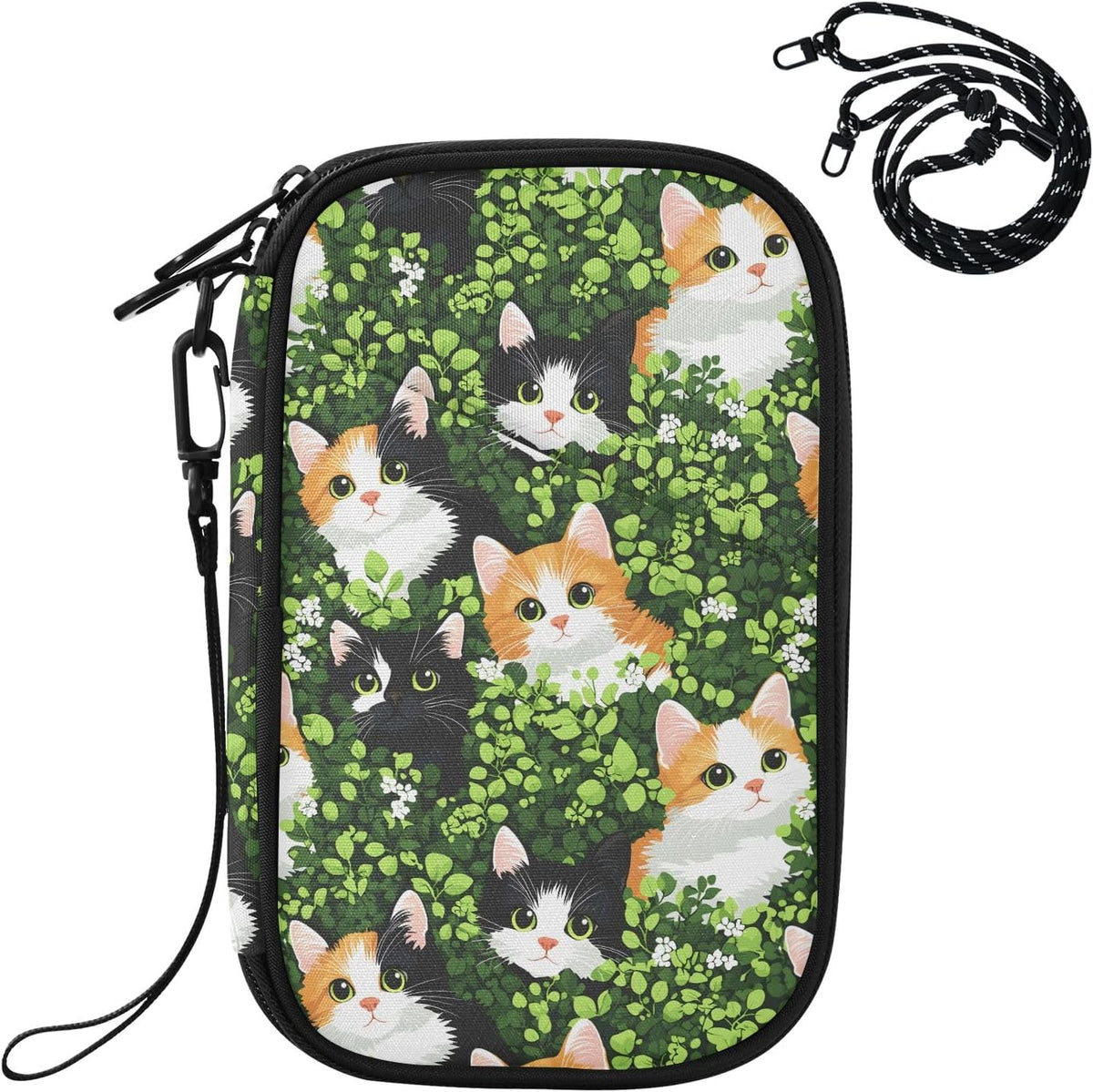 Passport Holder Cat Hidden in Green Leaves Pattern Neck Pouch Travel Wallet
