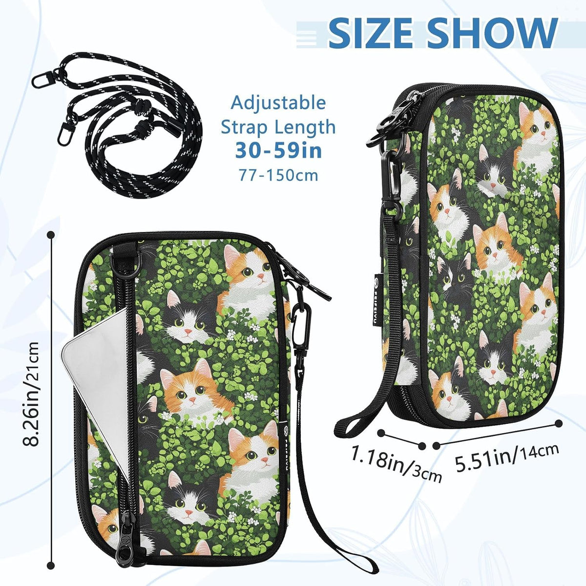 Passport Holder Cat Hidden in Green Leaves Pattern Neck Pouch Travel Wallet