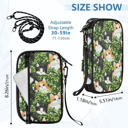 Passport Holder Cat Hidden in Green Leaves Pattern Neck Pouch Travel Wallet