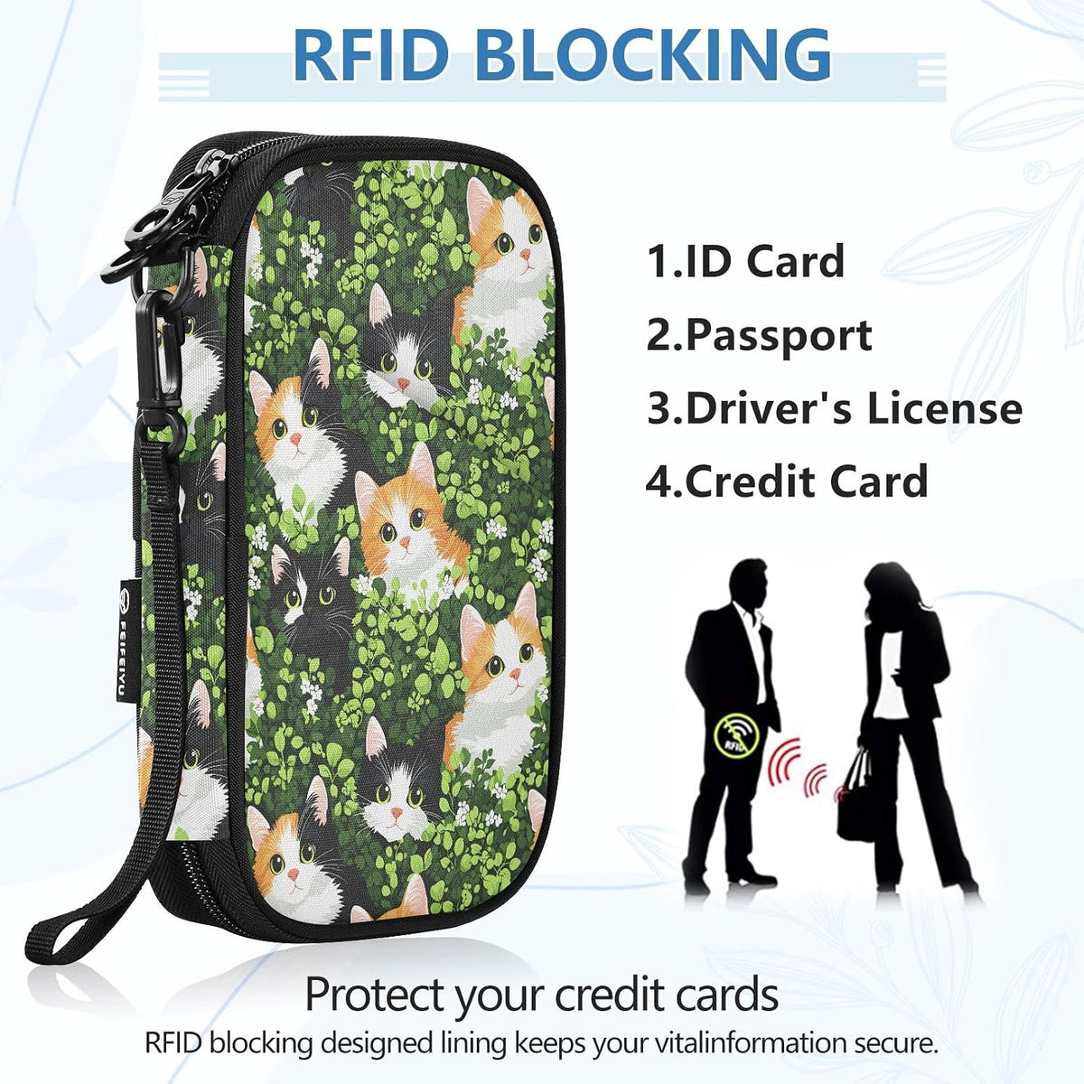 Passport Holder Cat Hidden in Green Leaves Pattern Neck Pouch Travel Wallet