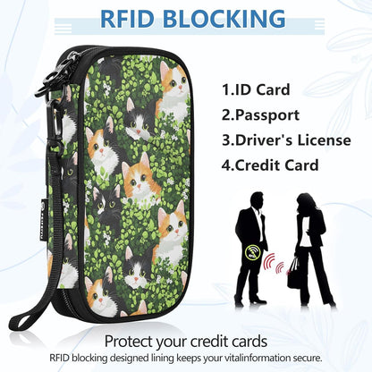 Passport Holder Cat Hidden in Green Leaves Pattern Neck Pouch Travel Wallet