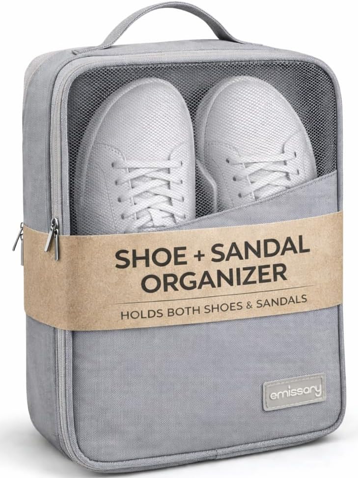 Travel Shoe Bag, Holds 3 Pairs of Shoes, Waterproof - Grey | Holds 3 pairs, waterproof rip-stop, breathable mesh + zip pocket; travel shoe bag for gym, golf & weekends