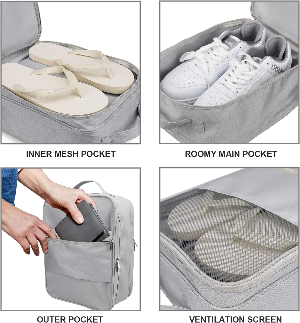 Travel Shoe Bag, Holds 3 Pairs of Shoes, Waterproof - Grey | Holds 3 pairs, waterproof rip-stop, breathable mesh + zip pocket; travel shoe bag for gym, golf & weekends