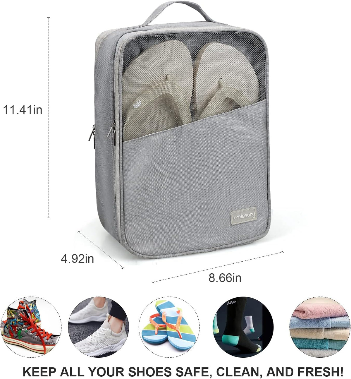 Travel Shoe Bag, Holds 3 Pairs of Shoes, Waterproof - Grey | Holds 3 pairs, waterproof rip-stop, breathable mesh + zip pocket; travel shoe bag for gym, golf & weekends