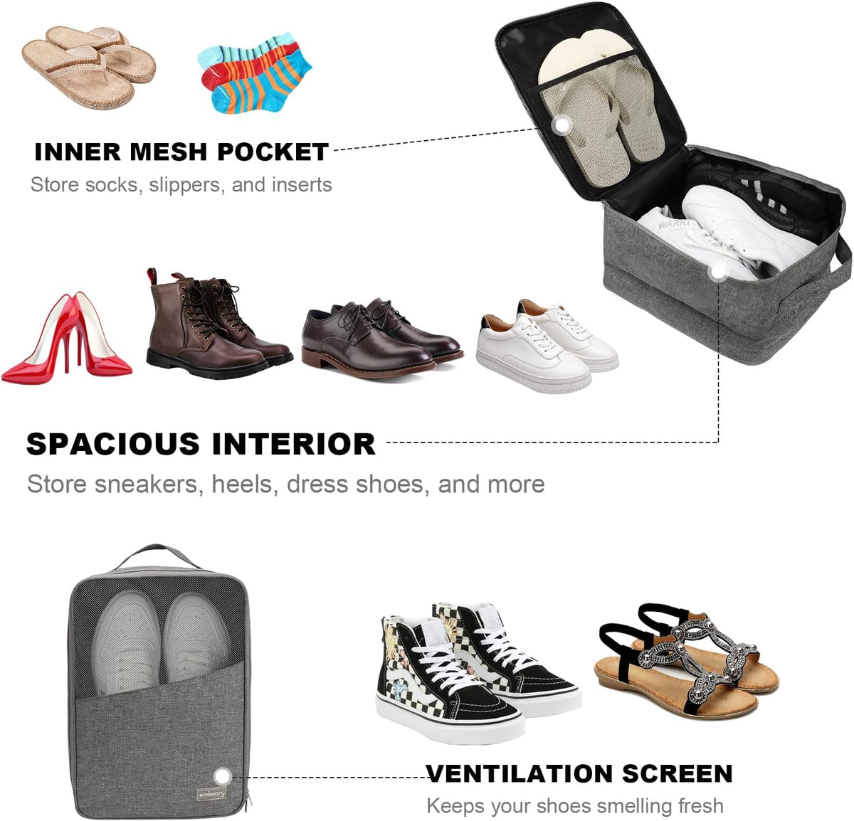 Travel Shoe Bag, Holds 3 Pairs of Shoes, Waterproof - Grey | Holds 3 pairs, waterproof rip-stop, breathable mesh + zip pocket; travel shoe bag for gym, golf & weekends