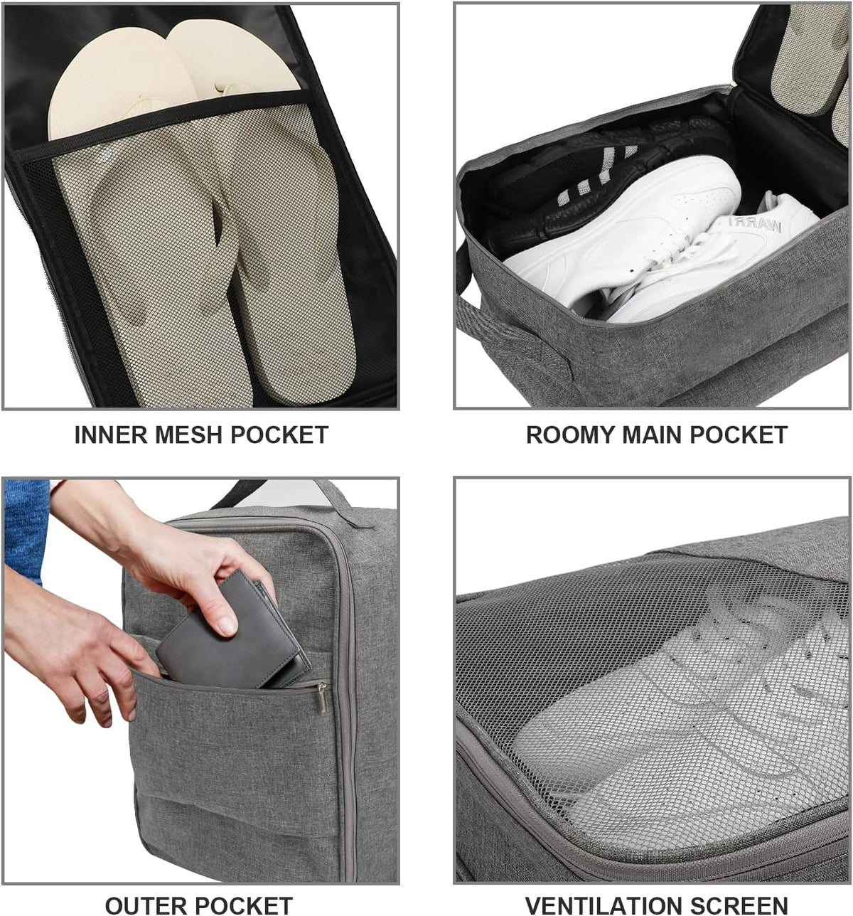 Travel Shoe Bag, Holds 3 Pairs of Shoes, Waterproof - Grey | Holds 3 pairs, waterproof rip-stop, breathable mesh + zip pocket; travel shoe bag for gym, golf & weekends