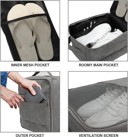 Travel Shoe Bag, Holds 3 Pairs of Shoes, Waterproof - Grey | Holds 3 pairs, waterproof rip-stop, breathable mesh + zip pocket; travel shoe bag for gym, golf & weekends