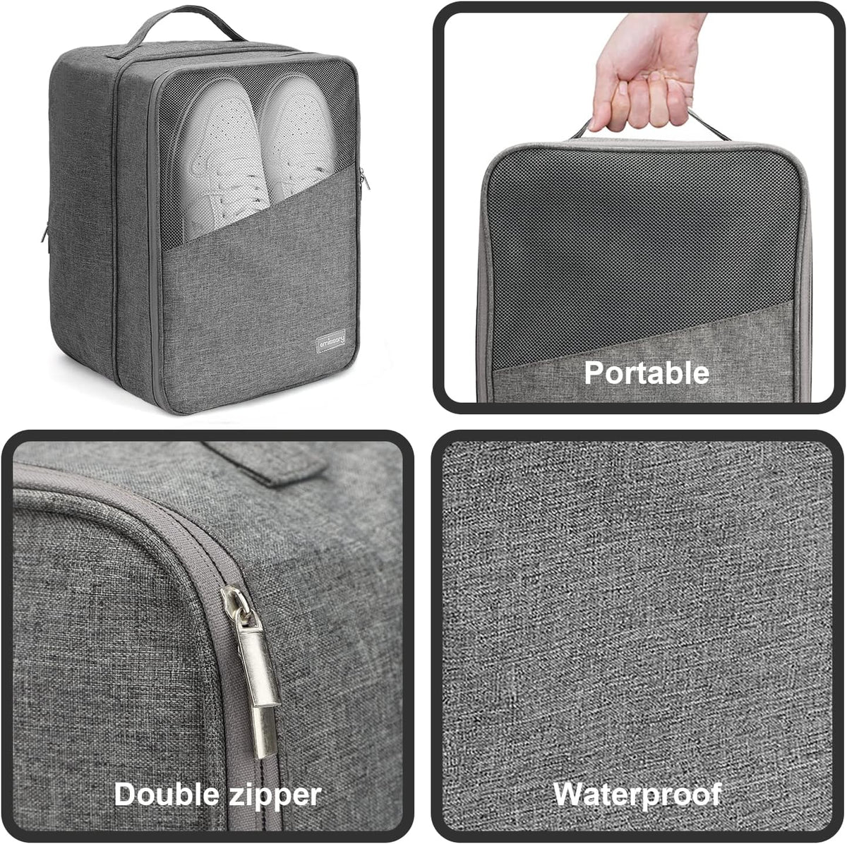 Travel Shoe Bag, Holds 3 Pairs of Shoes, Waterproof - Grey | Holds 3 pairs, waterproof rip-stop, breathable mesh + zip pocket; travel shoe bag for gym, golf & weekends