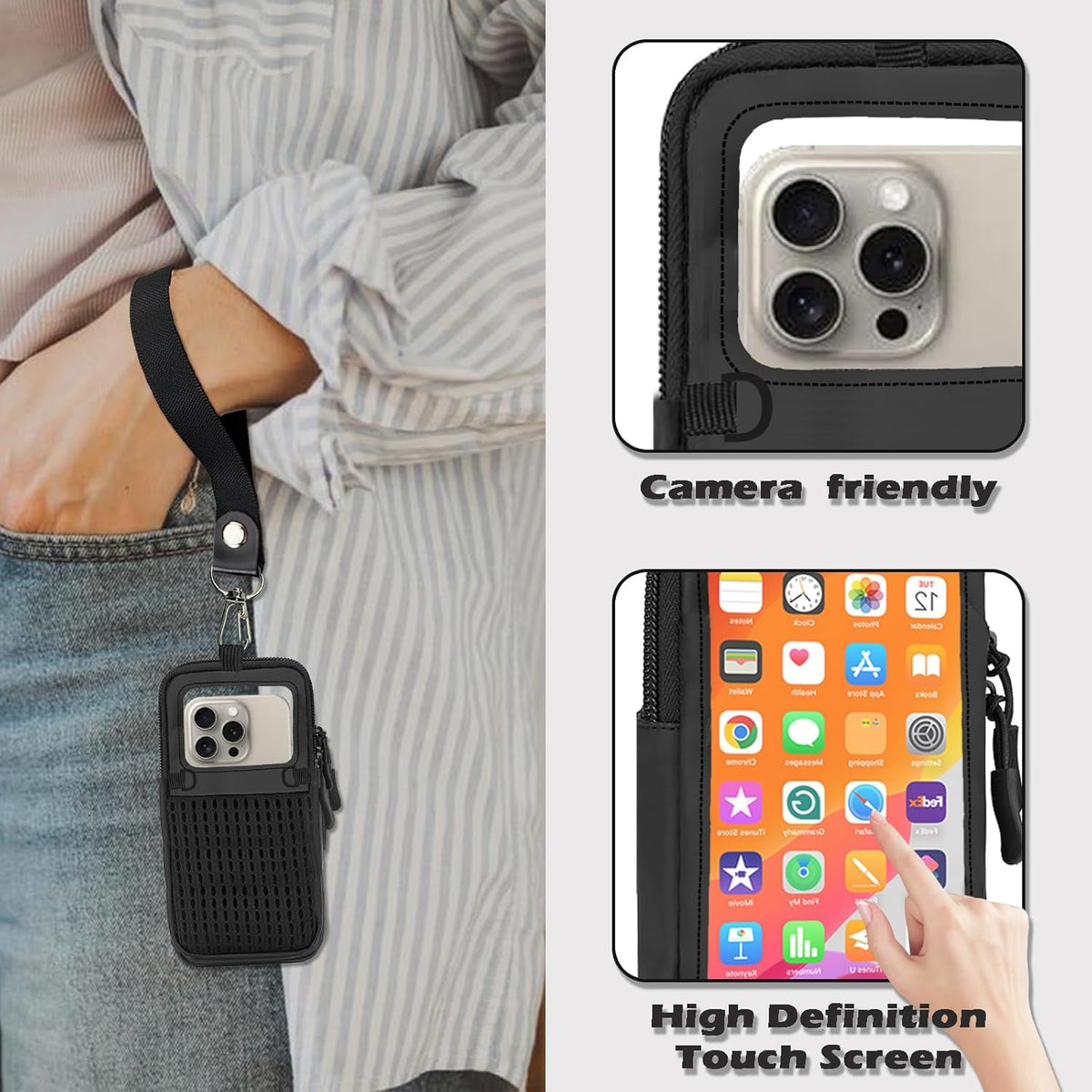 Clear Phone Purse Crossbody with Adjustable Strap, Cell Phone Pouch Around The Neck, Shoulder Holster with Wrist Strap, Small Crossbody Bags for Women Man Girl Boy