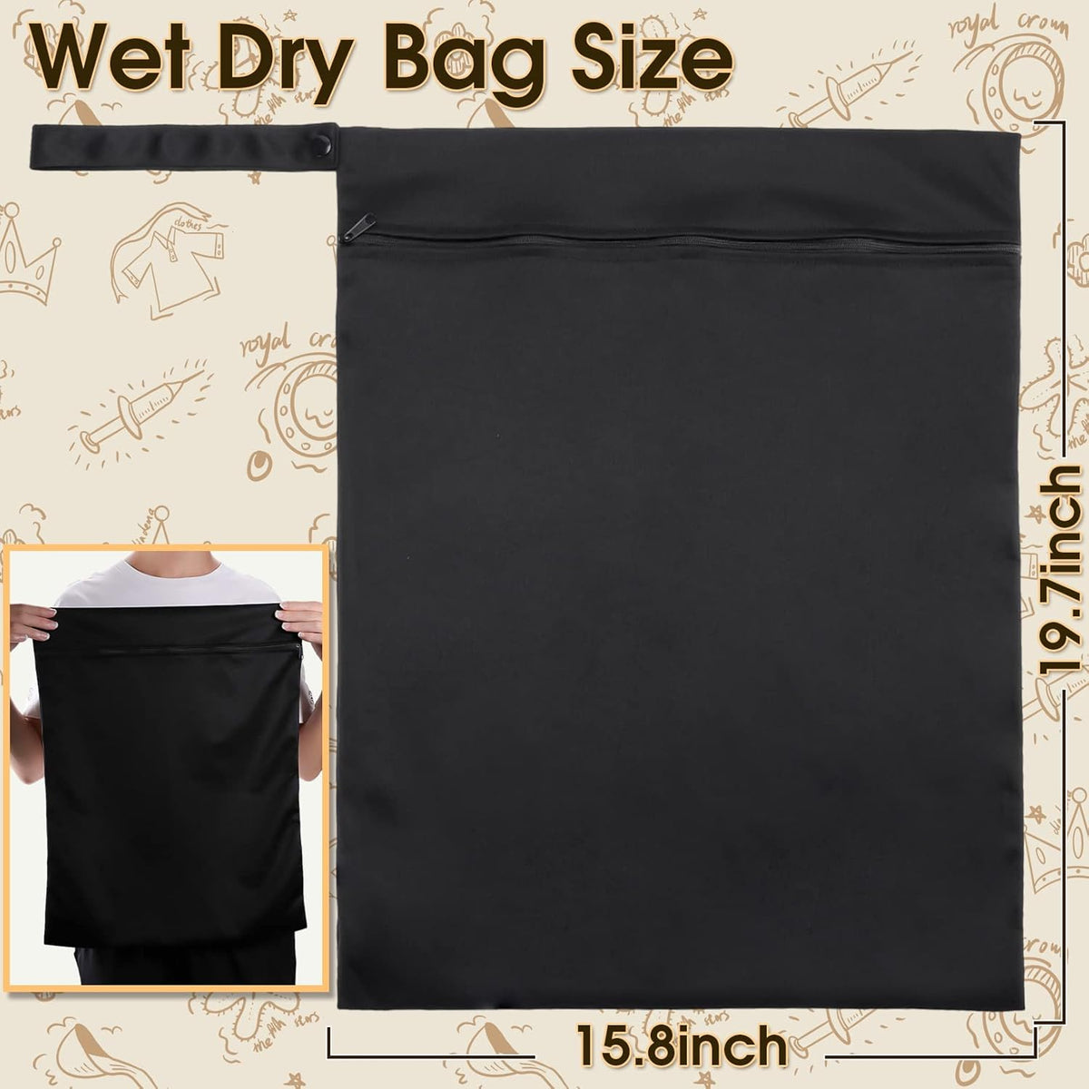 2 Pack Travel Laundry Bags, Large Waterproof Gym Bags, Washable Swimsuit Bag, Reusable Dirty Clothes Bag for Gym Beach Swimming Yoga, Black