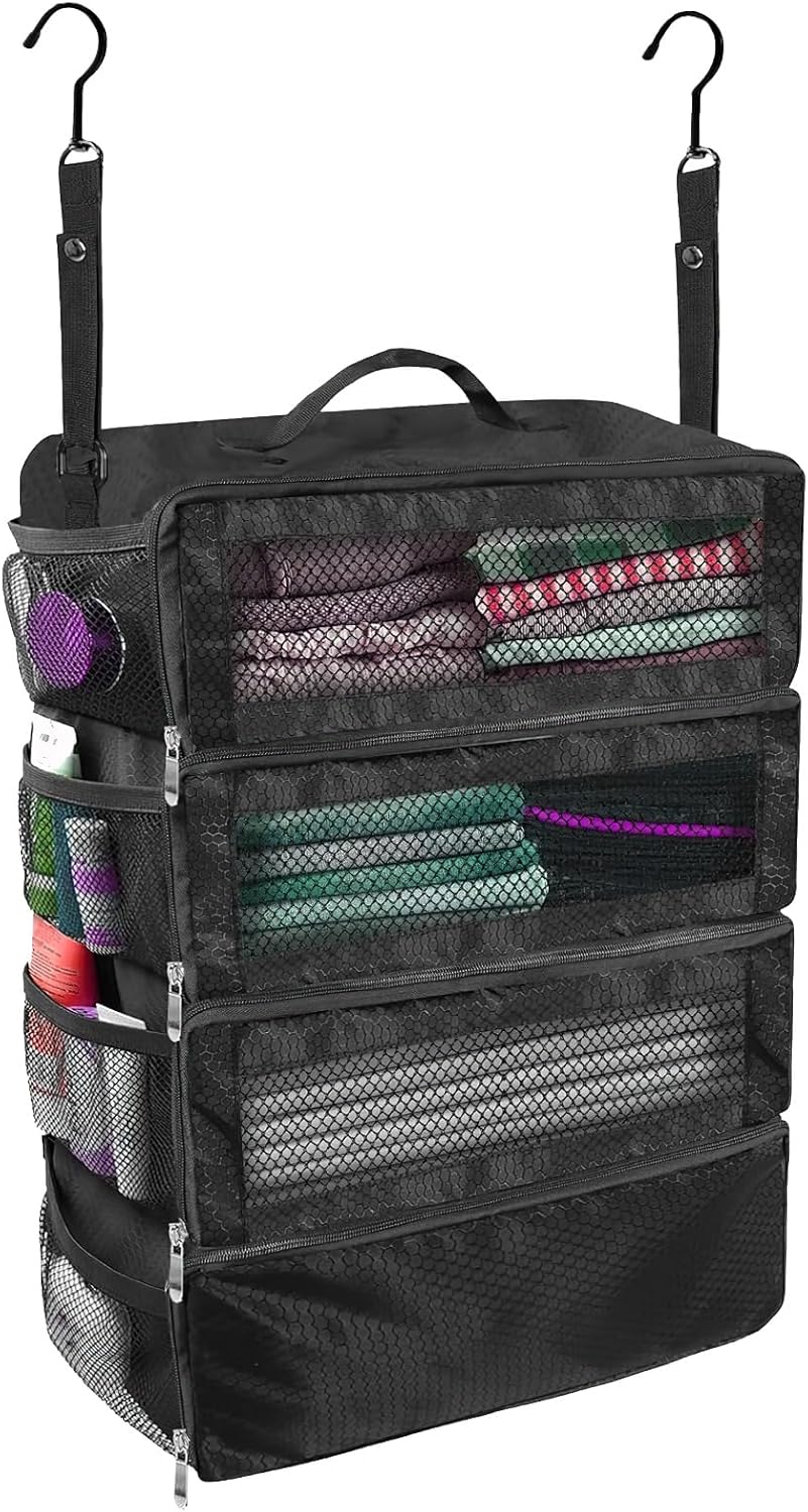 Multifunctional 4-Layer Clothes Storage Hanging Organizer, Foldable Suitcase Organizer with Side Pockets, 360° Hook, Oxford Fabric, Black Portable Hanging Travel Shelves (19.8 x 14.6 x 9 in)