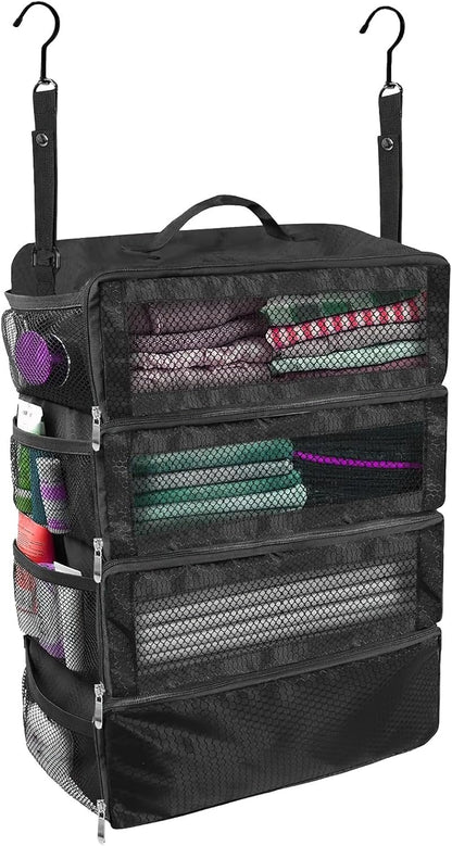 Multifunctional 4-Layer Clothes Storage Hanging Organizer, Foldable Suitcase Organizer with Side Pockets, 360° Hook, Oxford Fabric, Black Portable Hanging Travel Shelves (19.8 x 14.6 x 9 in)
