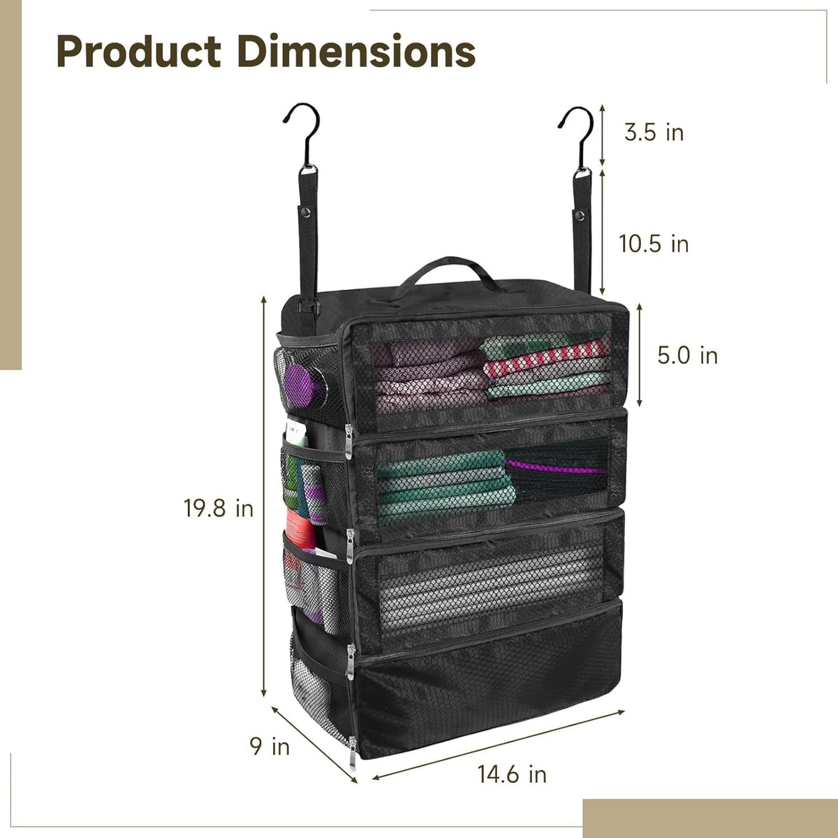 Multifunctional 4-Layer Clothes Storage Hanging Organizer, Foldable Suitcase Organizer with Side Pockets, 360° Hook, Oxford Fabric, Black Portable Hanging Travel Shelves (19.8 x 14.6 x 9 in)