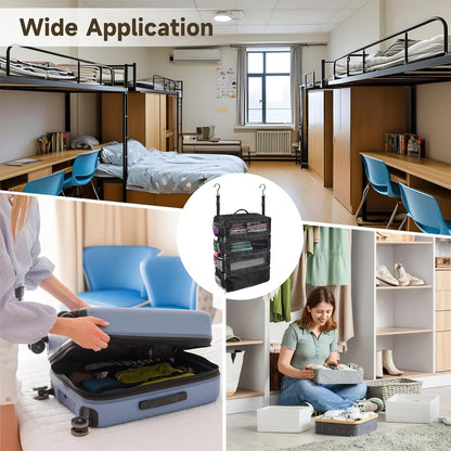 Multifunctional 4-Layer Clothes Storage Hanging Organizer, Foldable Suitcase Organizer with Side Pockets, 360° Hook, Oxford Fabric, Black Portable Hanging Travel Shelves (19.8 x 14.6 x 9 in)