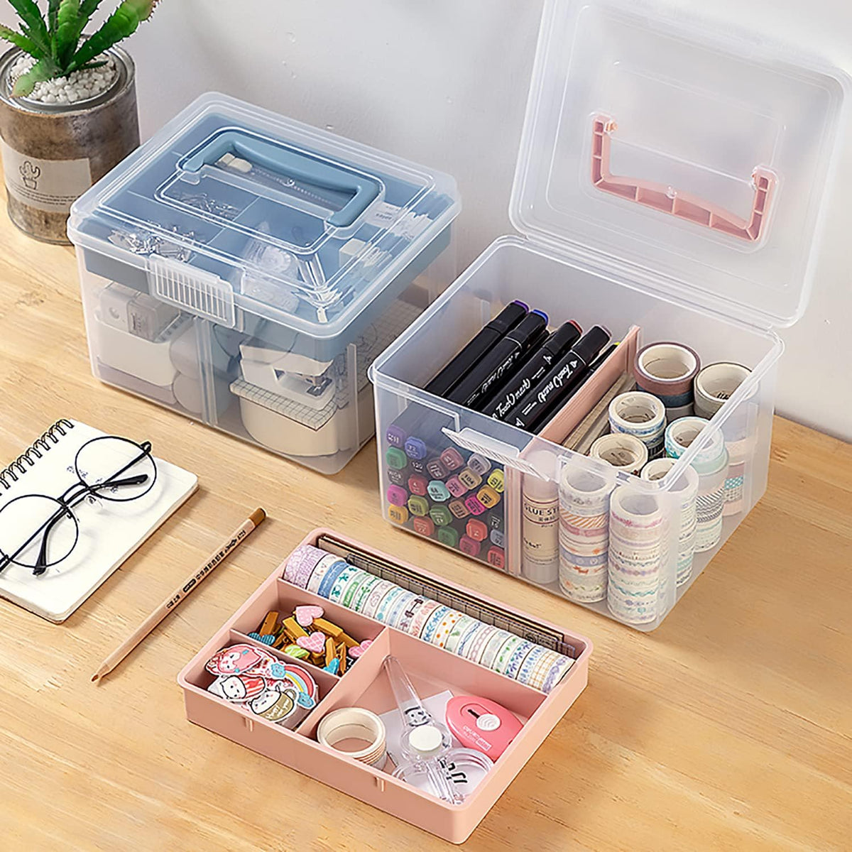 Small Portable Plastic Storage Box for Beauty Ornaments Hair Nail Accessories, Cosmetic Case with Handle & Removable Tray & a Divider, Sewing Box Organizer, Kids Art Box (Clear & Pink)