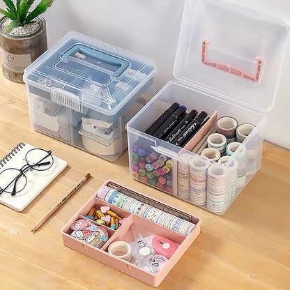 Small Portable Plastic Storage Box for Beauty Ornaments Hair Nail Accessories, Cosmetic Case with Handle & Removable Tray & a Divider, Sewing Box Organizer, Kids Art Box (Clear & Pink)