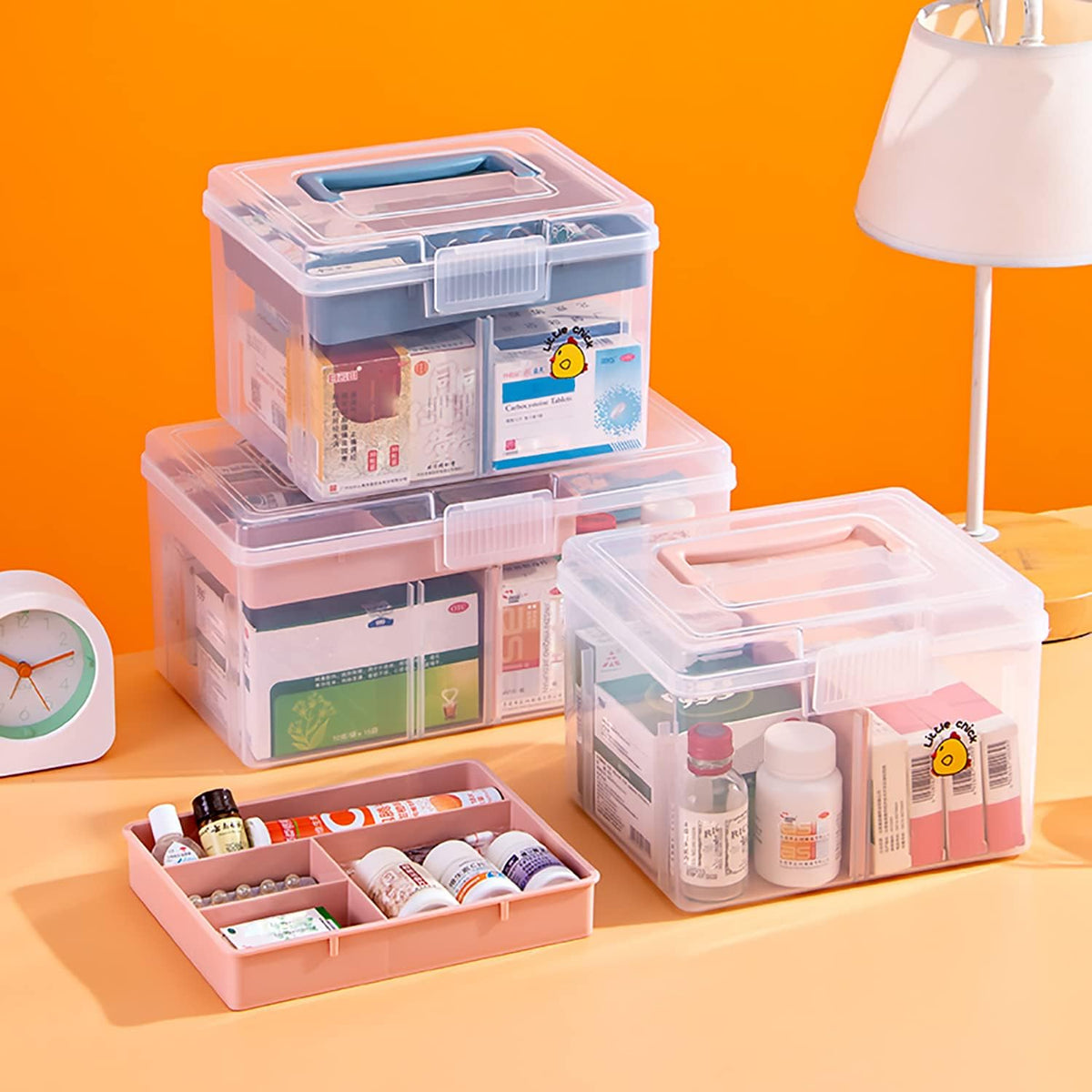 Small Portable Plastic Storage Box for Beauty Ornaments Hair Nail Accessories, Cosmetic Case with Handle & Removable Tray & a Divider, Sewing Box Organizer, Kids Art Box (Clear & Pink)