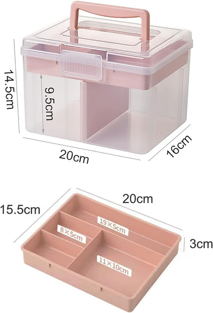 Small Portable Plastic Storage Box for Beauty Ornaments Hair Nail Accessories, Cosmetic Case with Handle & Removable Tray & a Divider, Sewing Box Organizer, Kids Art Box (Clear & Pink)