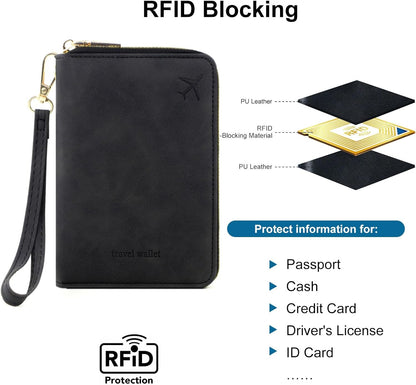 Family Passport Holder for Travel Women and Men RFID Blocking Passport Holder with Zipper Multi-functional Passport Wallet Passport Case Passport cover Travel Essentials