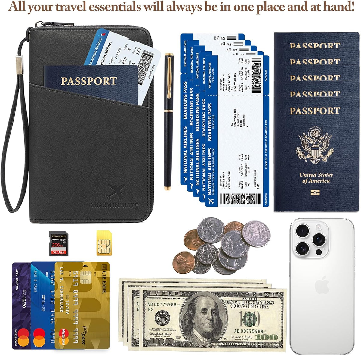 Family Passport Holder for Travel Women and Men RFID Blocking Passport Holder with Zipper Multi-functional Passport Wallet Passport Case Passport cover Travel Essentials