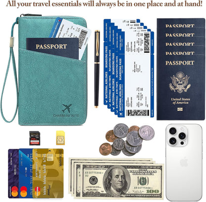 Family Passport Holder for Travel Women and Men RFID Blocking Passport Holder with Zipper Multi-functional Passport Wallet Passport Case Passport cover Travel Essentials