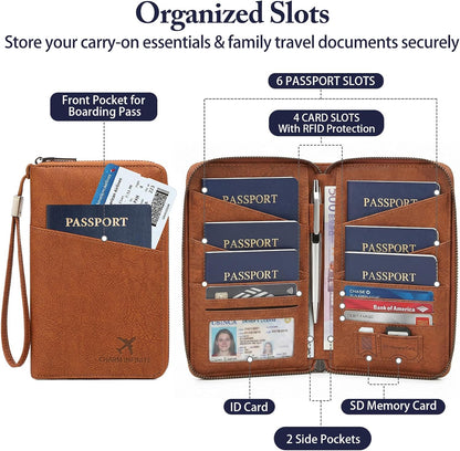 Family Passport Holder for Travel Women and Men RFID Blocking Passport Holder with Zipper Multi-functional Passport Wallet Passport Case Passport cover Travel Essentials