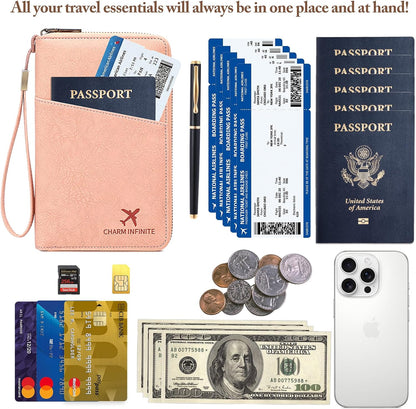 Family Passport Holder for Travel Women and Men RFID Blocking Passport Holder with Zipper Multi-functional Passport Wallet Passport Case Passport cover Travel Essentials
