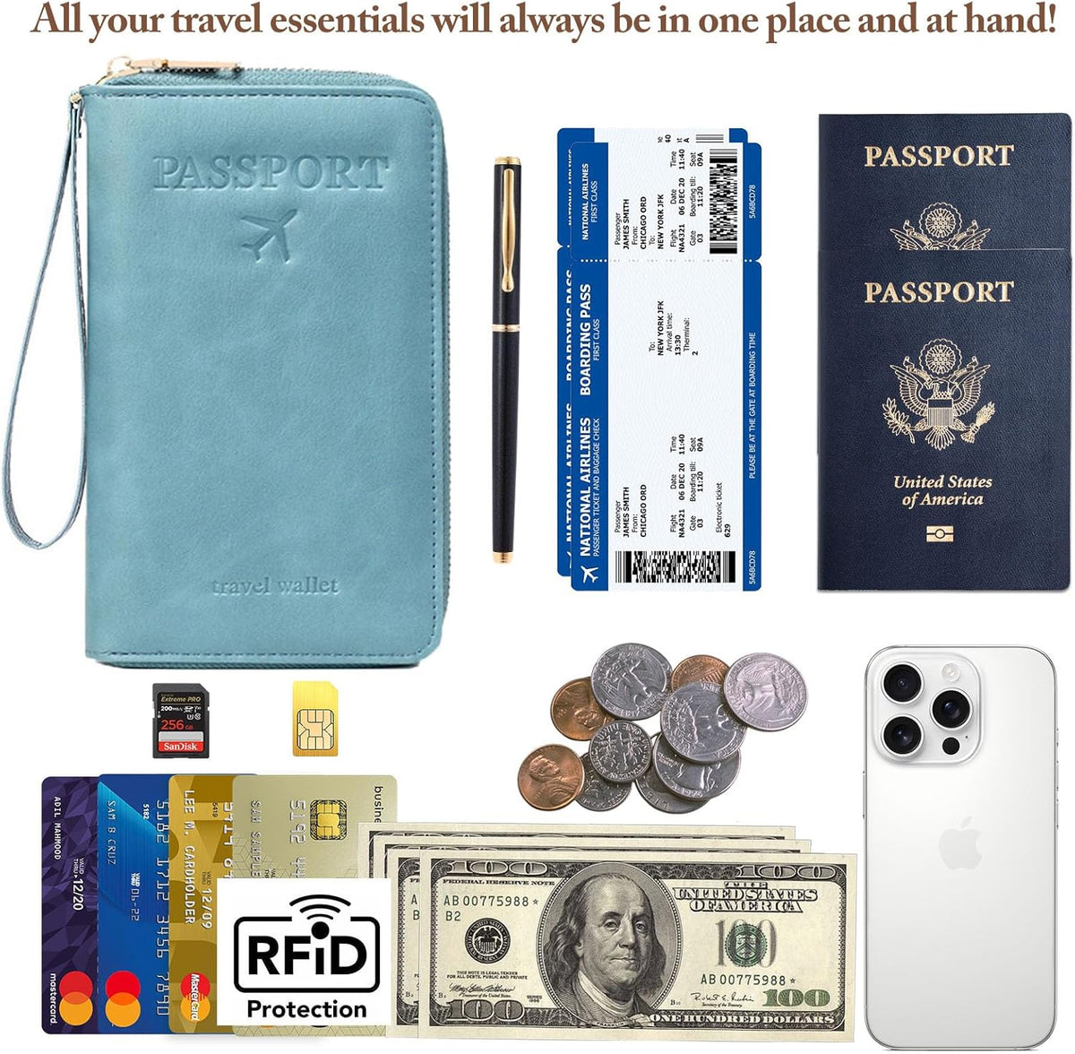 Family Passport Holder for Travel Women and Men RFID Blocking Passport Holder with Zipper Multi-functional Passport Wallet Passport Case Passport cover Travel Essentials