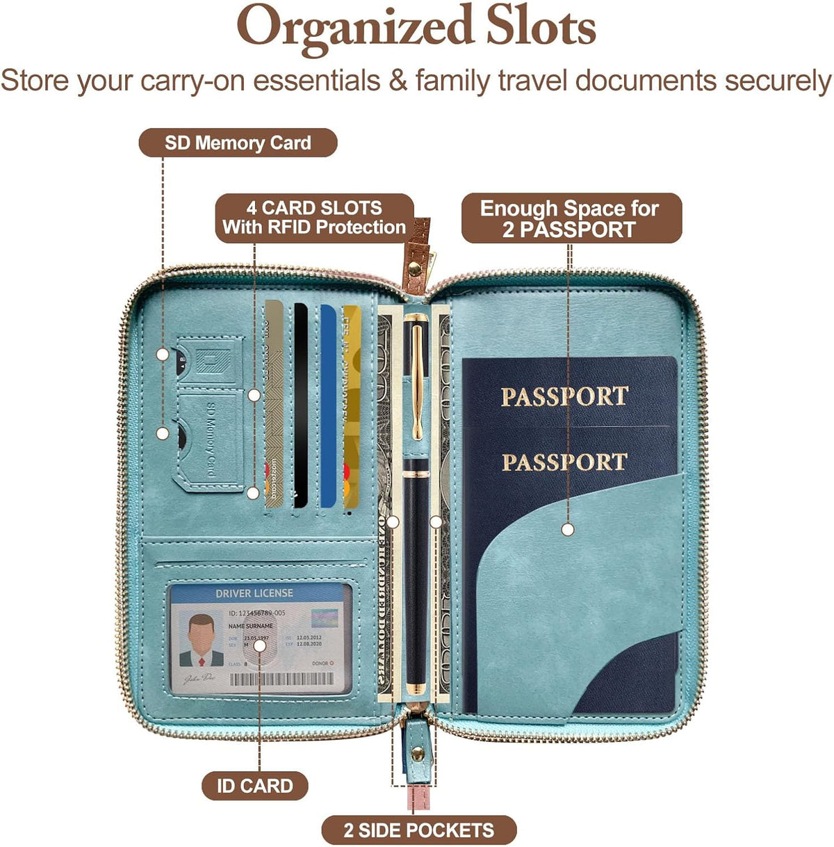 Family Passport Holder for Travel Women and Men RFID Blocking Passport Holder with Zipper Multi-functional Passport Wallet Passport Case Passport cover Travel Essentials