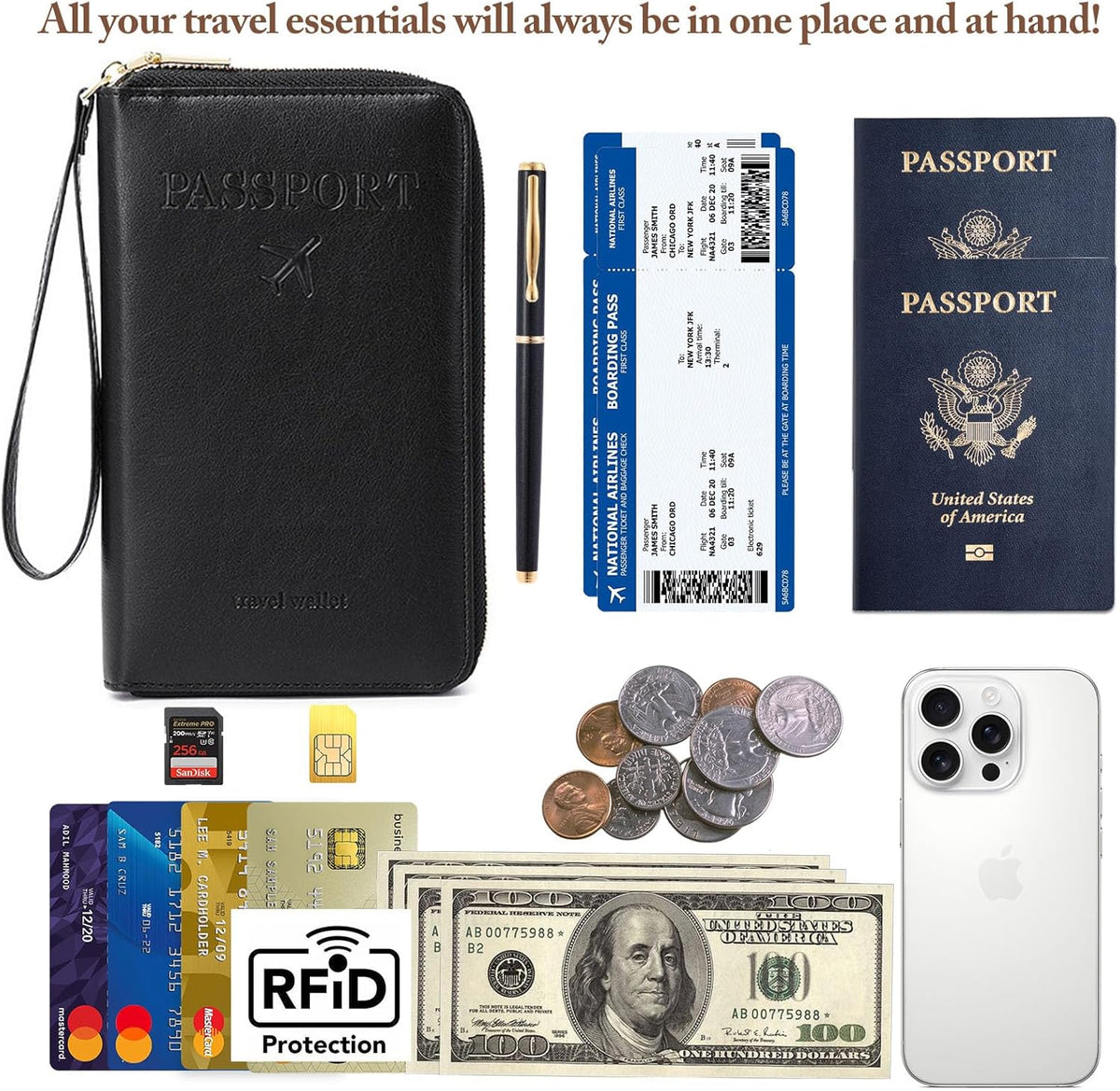 Family Passport Holder for Travel Women and Men RFID Blocking Passport Holder with Zipper Multi-functional Passport Wallet Passport Case Passport cover Travel Essentials