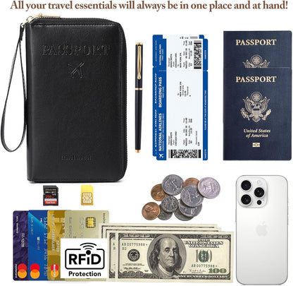 Family Passport Holder for Travel Women and Men RFID Blocking Passport Holder with Zipper Multi-functional Passport Wallet Passport Case Passport cover Travel Essentials
