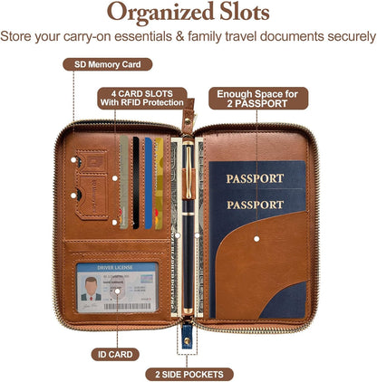 Family Passport Holder for Travel Women and Men RFID Blocking Passport Holder with Zipper Multi-functional Passport Wallet Passport Case Passport cover Travel Essentials
