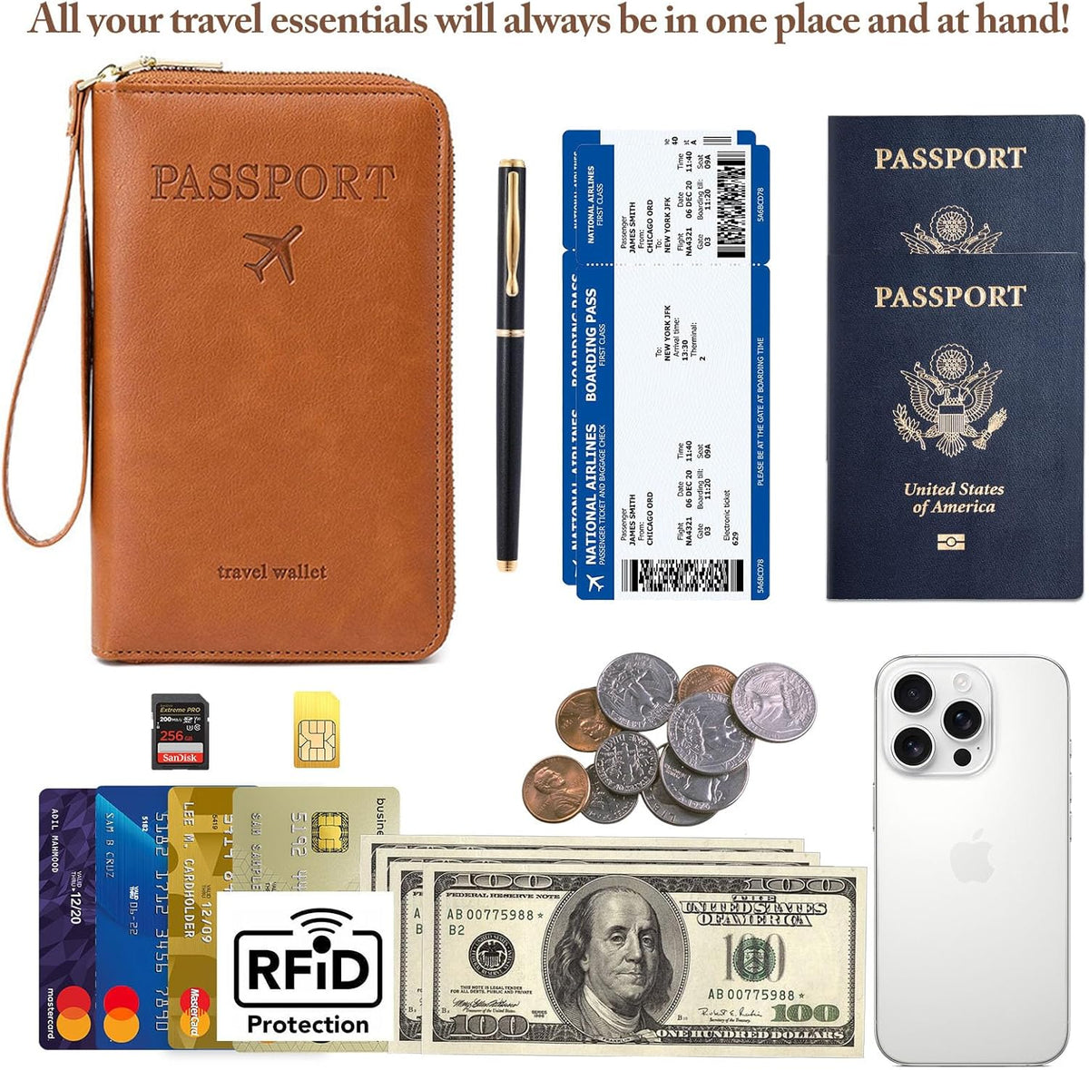 Family Passport Holder for Travel Women and Men RFID Blocking Passport Holder with Zipper Multi-functional Passport Wallet Passport Case Passport cover Travel Essentials
