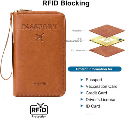 Family Passport Holder for Travel Women and Men RFID Blocking Passport Holder with Zipper Multi-functional Passport Wallet Passport Case Passport cover Travel Essentials