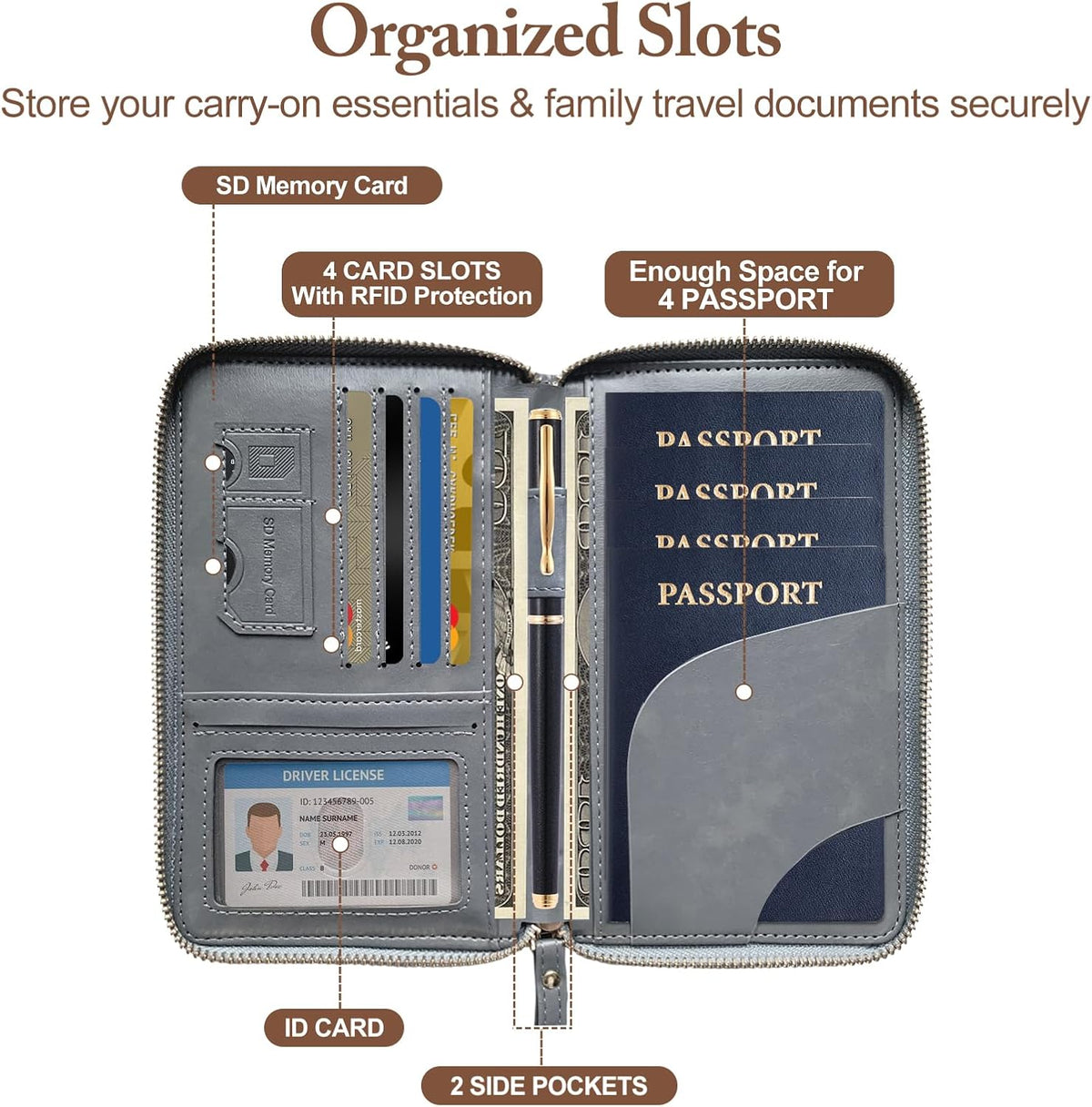 Family Passport Holder for Travel Women and Men RFID Blocking Passport Holder with Zipper Multi-functional Passport Wallet Passport Case Passport cover Travel Essentials
