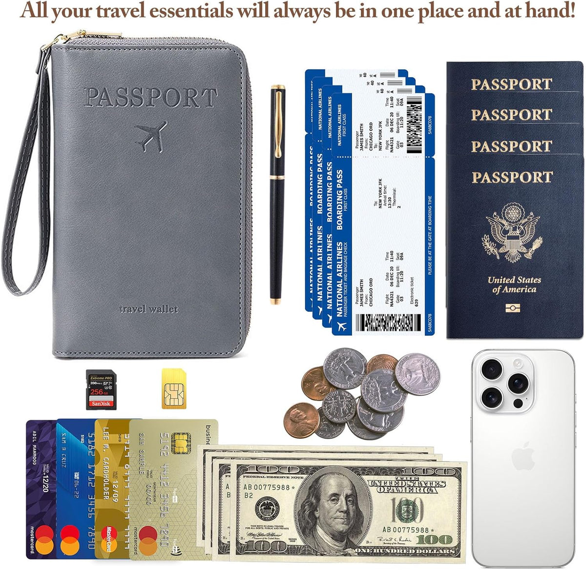 Family Passport Holder for Travel Women and Men RFID Blocking Passport Holder with Zipper Multi-functional Passport Wallet Passport Case Passport cover Travel Essentials