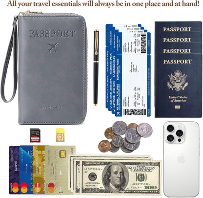 Family Passport Holder for Travel Women and Men RFID Blocking Passport Holder with Zipper Multi-functional Passport Wallet Passport Case Passport cover Travel Essentials