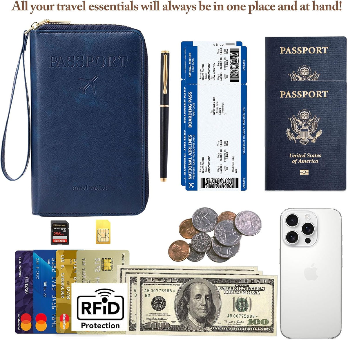Family Passport Holder for Travel Women and Men RFID Blocking Passport Holder with Zipper Multi-functional Passport Wallet Passport Case Passport cover Travel Essentials