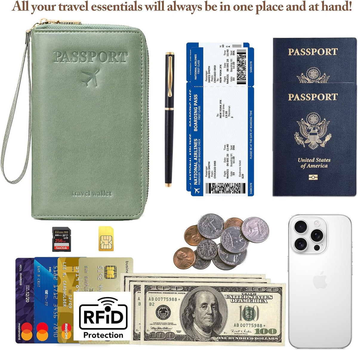 Family Passport Holder for Travel Women and Men RFID Blocking Passport Holder with Zipper Multi-functional Passport Wallet Passport Case Passport cover Travel Essentials