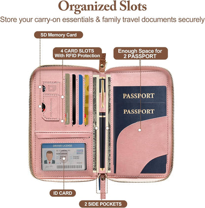 Family Passport Holder for Travel Women and Men RFID Blocking Passport Holder with Zipper Multi-functional Passport Wallet Passport Case Passport cover Travel Essentials