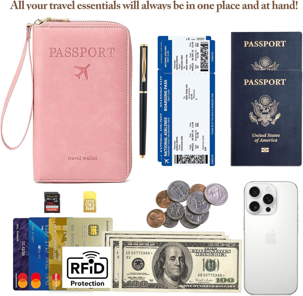 Family Passport Holder for Travel Women and Men RFID Blocking Passport Holder with Zipper Multi-functional Passport Wallet Passport Case Passport cover Travel Essentials