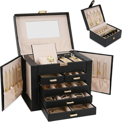 Jewelry Box with Travel Case, PU Leather 5-Layer Jewelry Organizer with Mirror & Lock, Velvet Lining Jewelry Storage for Women, Dresser Top Portable Jewelry Case, Gift for Women (Black)