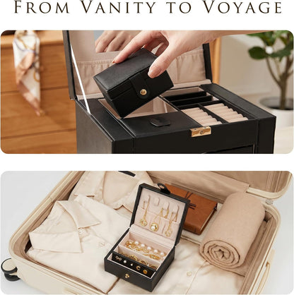 Jewelry Box with Travel Case, PU Leather 5-Layer Jewelry Organizer with Mirror & Lock, Velvet Lining Jewelry Storage for Women, Dresser Top Portable Jewelry Case, Gift for Women (Black)