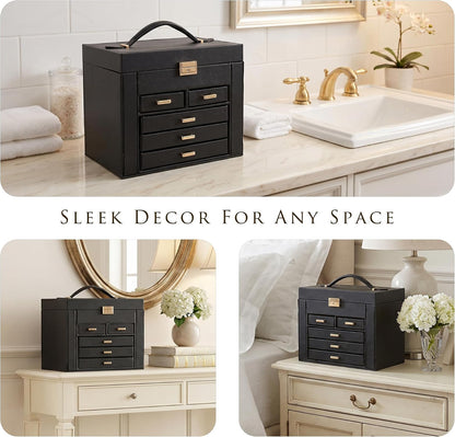 Jewelry Box with Travel Case, PU Leather 5-Layer Jewelry Organizer with Mirror & Lock, Velvet Lining Jewelry Storage for Women, Dresser Top Portable Jewelry Case, Gift for Women (Black)