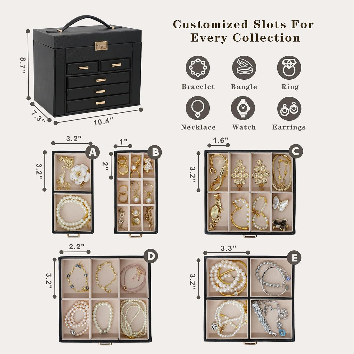Jewelry Box with Travel Case, PU Leather 5-Layer Jewelry Organizer with Mirror & Lock, Velvet Lining Jewelry Storage for Women, Dresser Top Portable Jewelry Case, Gift for Women (Black)