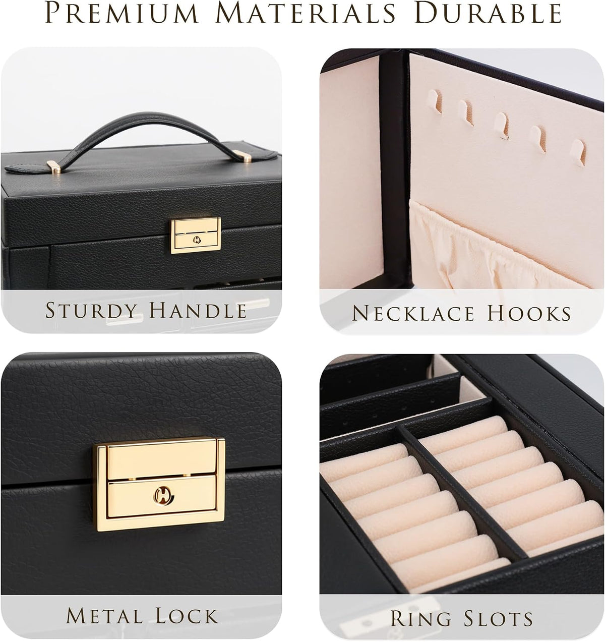 Jewelry Box with Travel Case, PU Leather 5-Layer Jewelry Organizer with Mirror & Lock, Velvet Lining Jewelry Storage for Women, Dresser Top Portable Jewelry Case, Gift for Women (Black)
