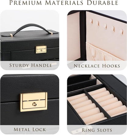 Jewelry Box with Travel Case, PU Leather 5-Layer Jewelry Organizer with Mirror & Lock, Velvet Lining Jewelry Storage for Women, Dresser Top Portable Jewelry Case, Gift for Women (Black)