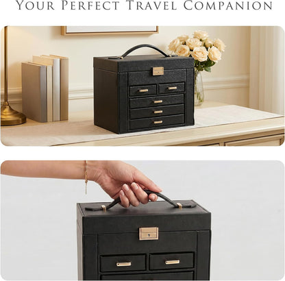 Jewelry Box with Travel Case, PU Leather 5-Layer Jewelry Organizer with Mirror & Lock, Velvet Lining Jewelry Storage for Women, Dresser Top Portable Jewelry Case, Gift for Women (Black)